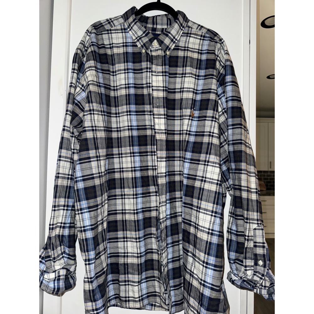 Ralph Lauren Mens 3XB Plaid Button Down Shirt Navy Blue White Long Sleeve Pony